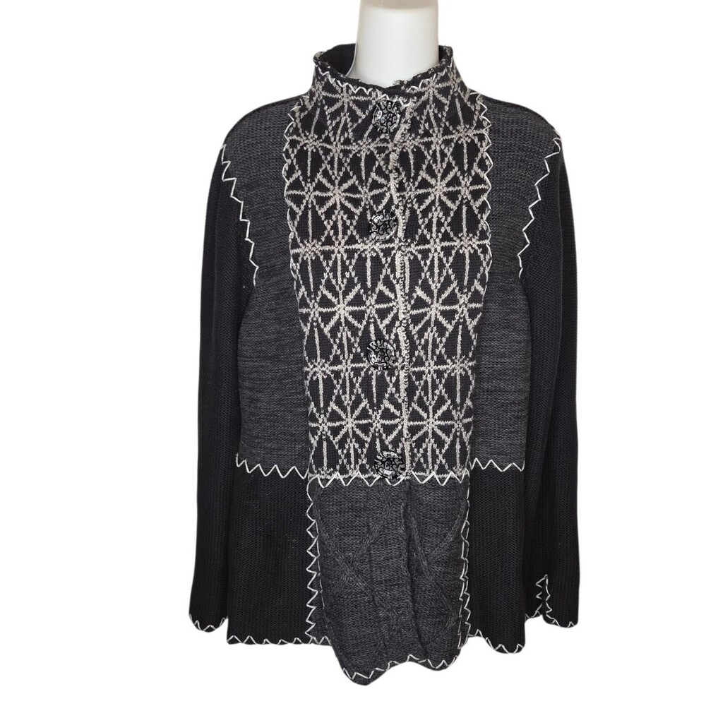 WinterSilks Artisan Silk-Lined Cotton Cardigan L - Nordic Geometric Knit